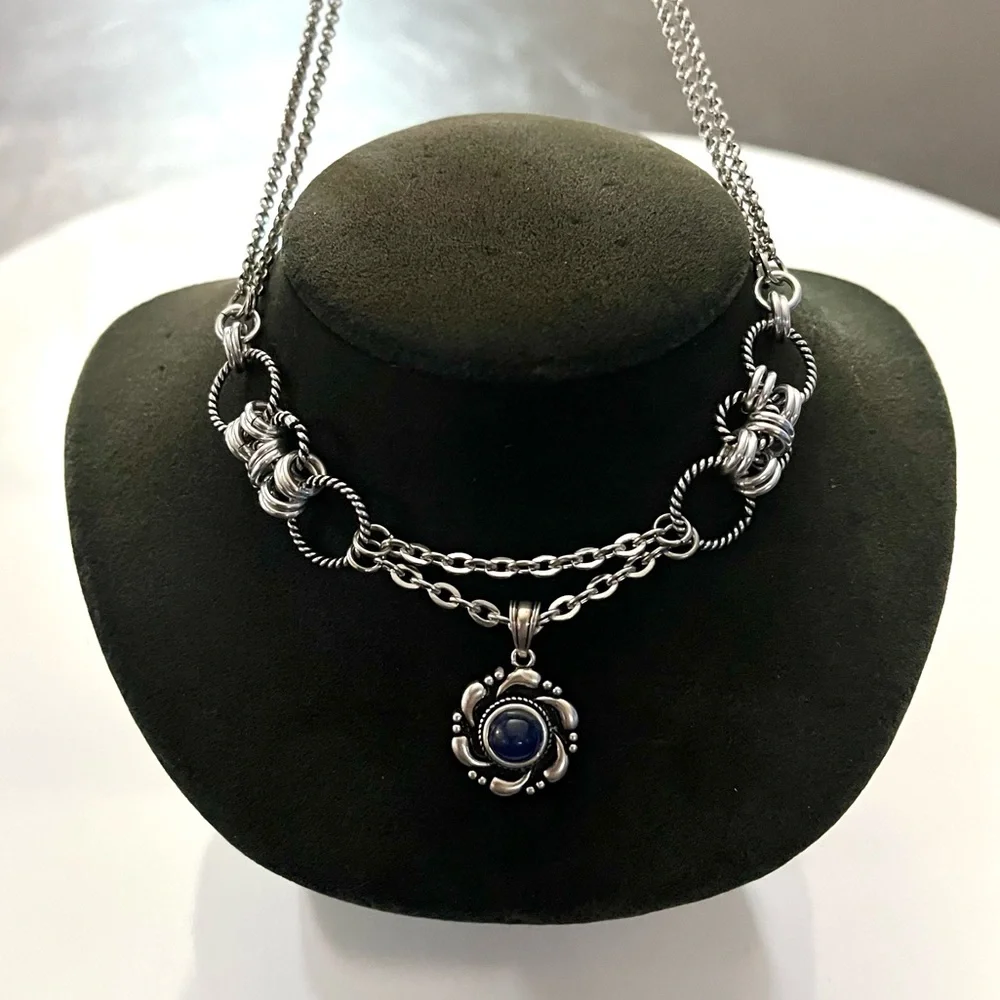925 sterling silver blue kyanite stone charm on stainless steel maille choker - Picture 11 of 16